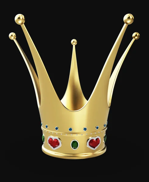 3D illustratie van prachtige gouden prinses kroon met rode ruby harten geïsoleerde zwart — Stockfoto