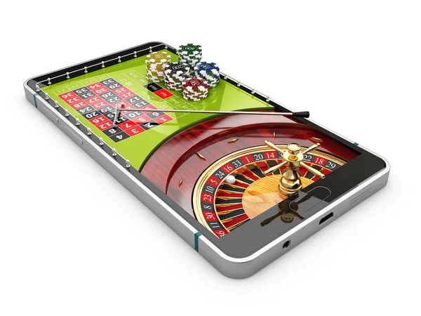 Beyaz online Internet casino App, rulet telefonla fişle 3D illüstrasyon izole — Stok fotoğraf