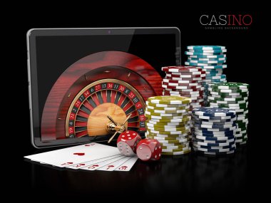 3D Casino resimde arka plan tablet, zar, kartları, rulet ve patates kızartması ile