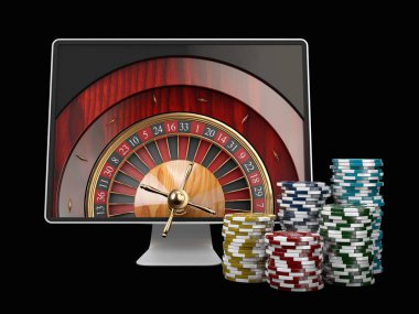 Casino rulet tekerleği ekranda ekran. Kumar app kavramları. 3D çizim.