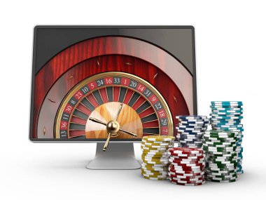 casino rulet tekerlek üstünde perde ile 3D Çizim İzleyicisi'nin. App kavramları kumar, beyaz izole.
