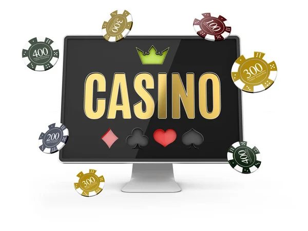 Çizim Online Casino Banner Gerçekçi Bilgisayar Monitörü Beyaz Izole — Stok fotoğraf