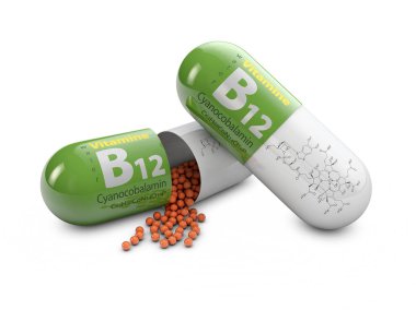 3D render B12 vitamini hapları beyaz arka plan üzerinde. Diyet takviyeleri kavramı