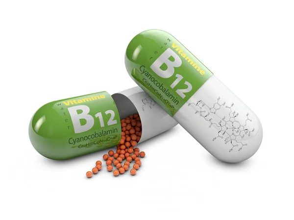 3d tornando pílulas de vitamina B12 sobre fundo branco. Conceito de suplementos alimentares — Fotografia de Stock