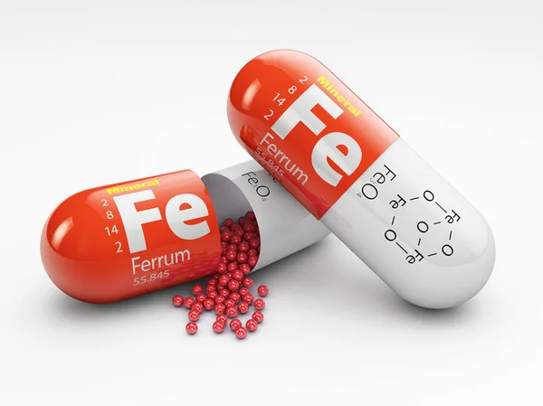 Pil met ijzer Fe element. Voedingssupplementen. 3D illustratie — Stockfoto