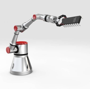 3D render metalik robotik kol ile transistör gri arka plan üzerinde
