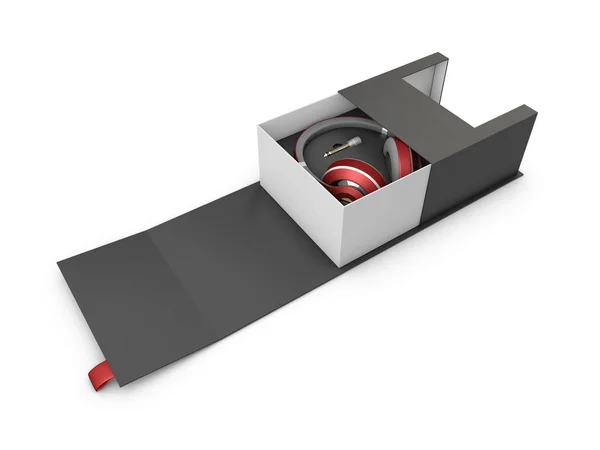 3d Illustaration de fones de ouvido preto e prata em caixa branca e preta no fundo preto. Mockup — Fotografia de Stock