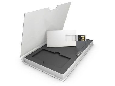 Boş beyaz plastik usb kart mockup kutusunda, 3d çizim