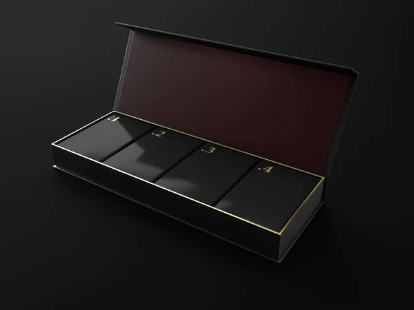 Cajas negras cuadradas abiertas Burla con cuatro cajas cuadradas en números dorados y 3d Ilustración — Foto de Stock