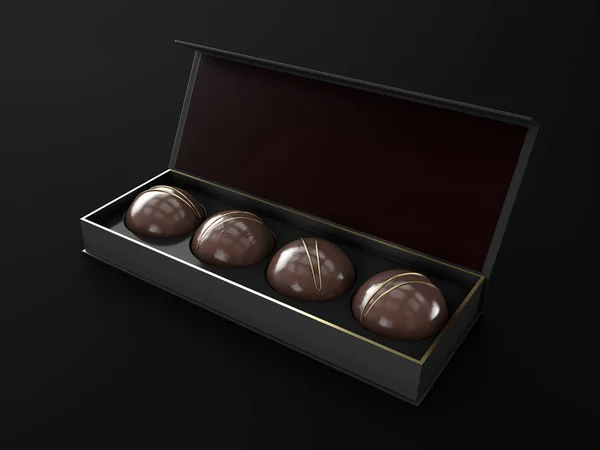 Csokoládé a luxus doboz elszigetelt sötét háttér, 3D-s illusztráció — Stock Fotó