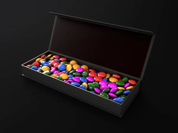 Colored chocolate in the luxury box isolated on dark background, 3d Illustration — Stock Photo, Image