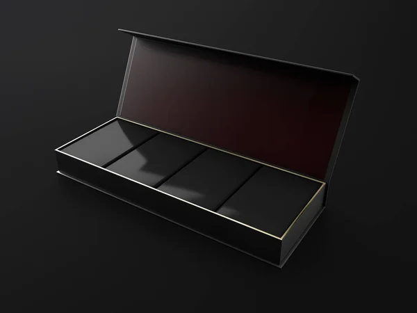 3d Illustration of Opened Square Black Box Mockup with four square box.