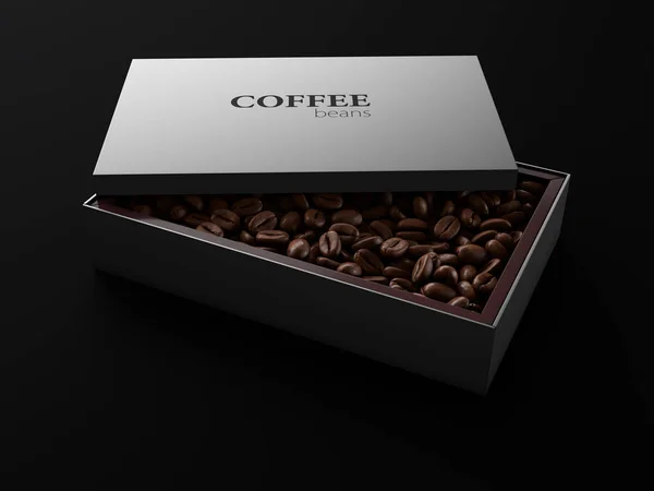 3d Illustration of coffee beans in a box on a black background.