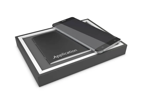 Musta avattu suorakulmainen laatikko musta matkapuhelin valkoisella taustalla, 3d renderöinti — kuvapankkivalokuva