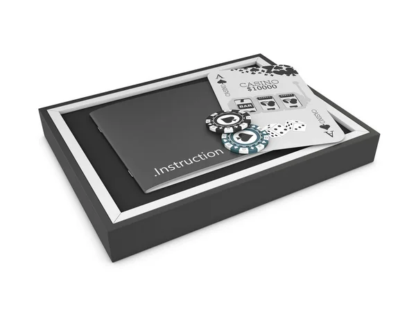 Avattu suorakulmainen laatikko, jossa on pelimerkkejä ja pokerikortti valkoisella taustalla, 3d-renderöinti — kuvapankkivalokuva