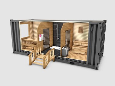 Eski nakliye konteyner sauna, 3d illüstrasyon izole gri dönüştürülür