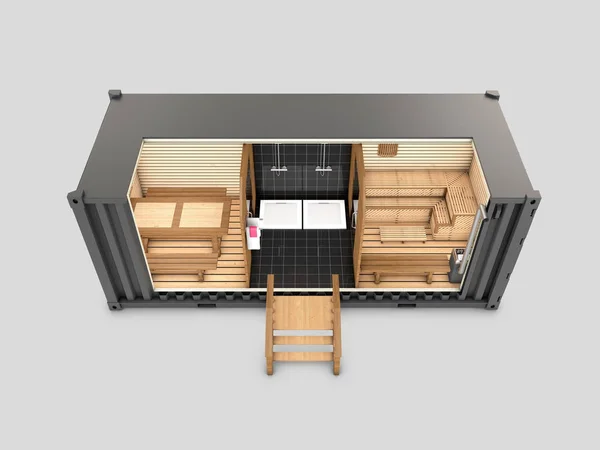 Converted old shipping container into sauna, 3d Illustration isolated gray — Stock Photo, Image