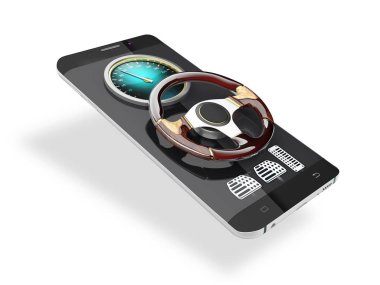 Araba direksiyon karakteri ile akıllı telefon beyaz arka plan üzerinde izole. 3D çizim.