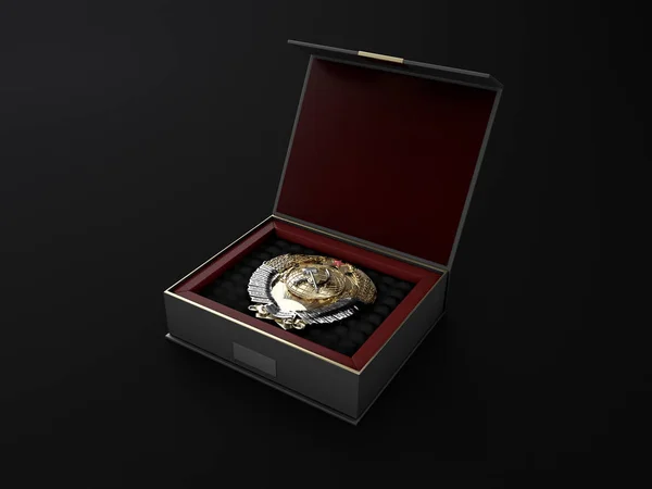 Ilustração Caixa Presente Preto Quadrado Aberto Com Emblema Ouro Urss — Fotografia de Stock