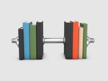 dumbbell ve zinde ve sağlıklı olmak öğrenme kavramı için kitap yığını 3D çizimi