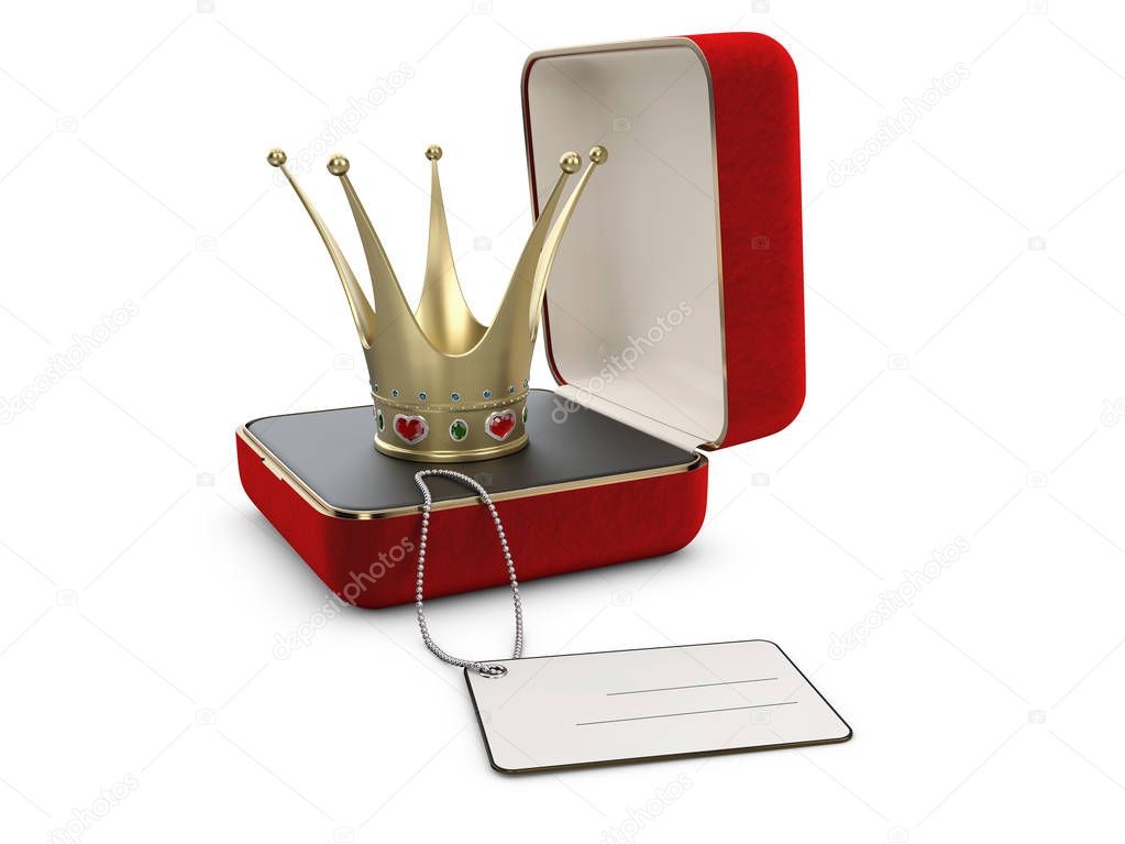 3d Illustration of red jewelry box with crown isolated on white
