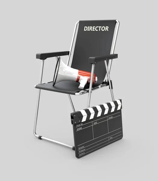 3d Illustration kursi sutradara film dengan clapperboard dan megaphone — Stok Foto