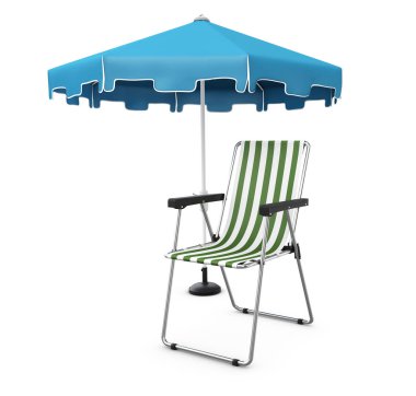 Tatil ve seyahat kavramı. Plaj şemsiye, plaj sandalye 3d çizim.