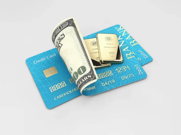 3D illustration av glansiga blå kreditkort och guldtacka isolerade på grå bakgrund — Stockfoto