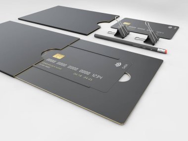 Gri arka plan üzerinde siyah boş kredi kartları mockup. 3D çizim
