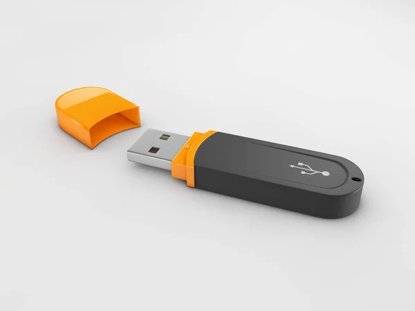 3D ілюстрація пам'яті USB ізольовано на білому. USB-пам'ять з чорно-жовтим тілом — стокове фото