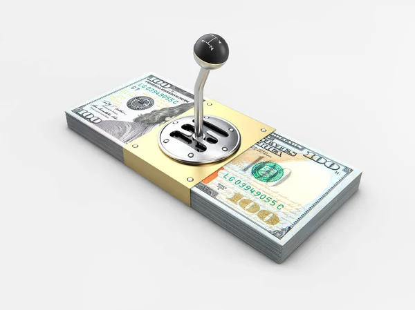 Växelspaken på bunt med pengar isolerade på grå bakgrund. 3D illustration — Stockfoto