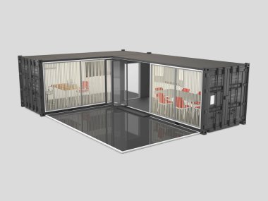 3D çizim, dönüştürülen eski nakliye konteyner, gri izole