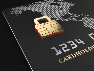 3D çizim kredi kartı Güvenlik çipi asma kilit, güvenli olarak bankacılık
