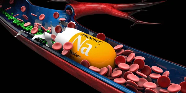 3D ilustracja kapsułka Natium mineralna rozpuszcza się w vien — Zdjęcie stockowe