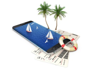 smartphone biletleri, çevrimiçi seyahat kavramı ile 3D çizimi