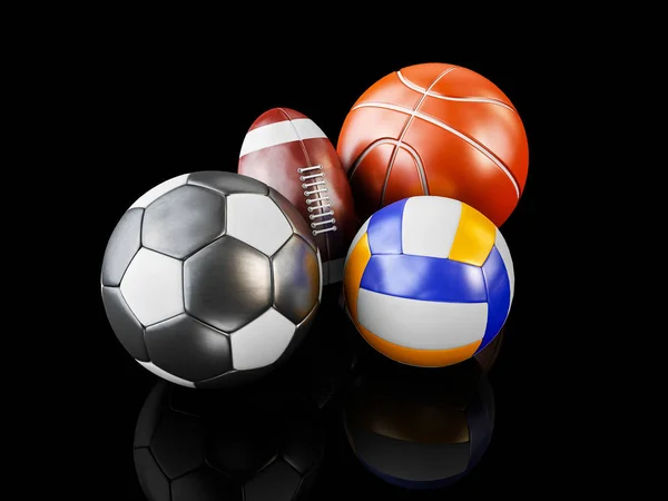 3d Illustration of Realistic sports balls, isolated black — Stock Photo, Image