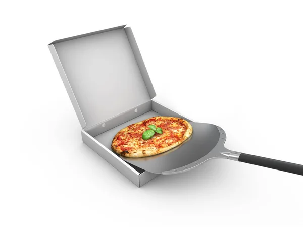 3D illustration av pizza i en pappkartong, pizza leverans. Pizza meny. — Stockfoto