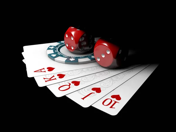 3D-illustration av big bet för att spela kort på pengar, på en svart bakgrund — Stockfoto