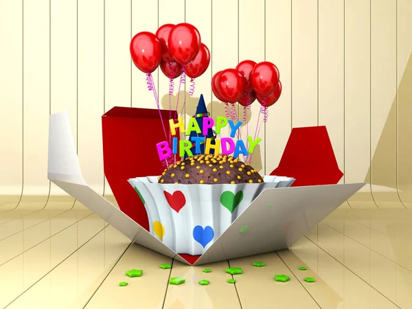3D-illustratie van verjaardagstaart met rode ballonnen — Stockfoto