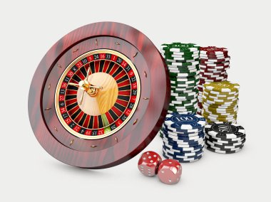 Casino fişleri rulet ve zar ile yığınları. Beyaz arka plan üzerinde 3d İllüstrasyon
