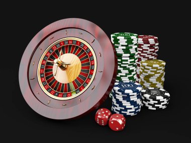 Casino fişleri rulet ve zar ile yığınları. Siyah arka plan üzerinde 3d İllüstrasyon