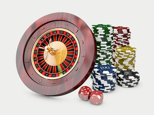 Kasinové čipy se skládkami z rulety a kostky. 3D ilustrace na bílém pozadí — Stock fotografie