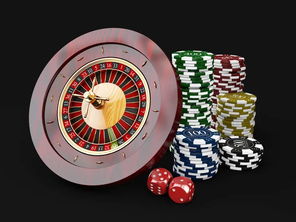 Casino Chips stackar med roulette och tärningar. 3D-illustration på svart bakgrund — Stockfoto