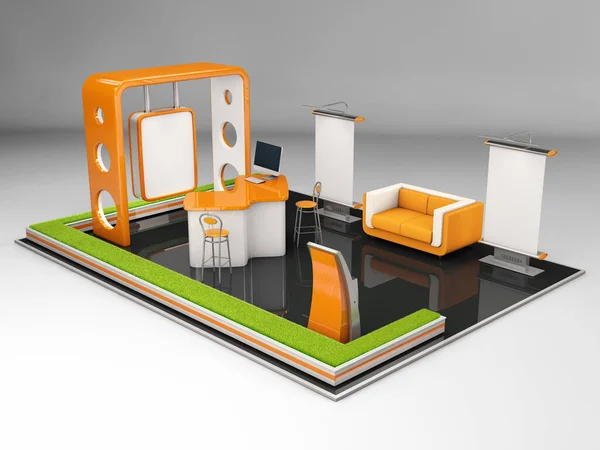 3D illustrierte einzigartige kreative Standgestaltung mit Tisch und Stuhl, Infotafel, zusammenrollen — Stockfoto