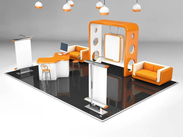 3d ilustrado exclusivo criativo exposição stand display design com mesa e cadeira, info board, roll up — Fotografia de Stock