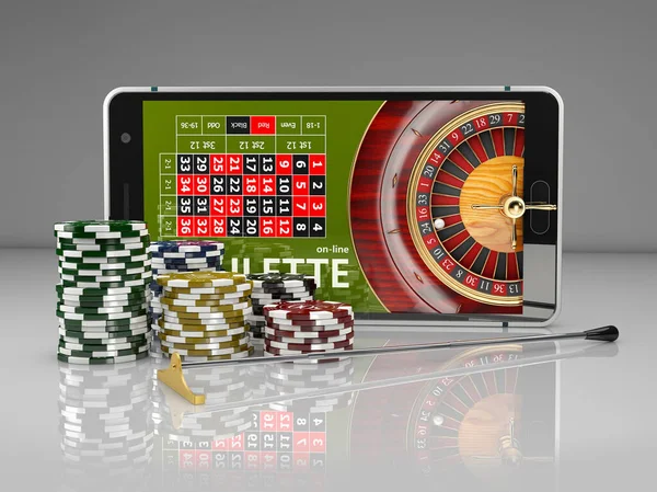 3d Het renderen van Online Internet casino app, roulette met spaanders, het gokken casinospellen. — Stockfoto