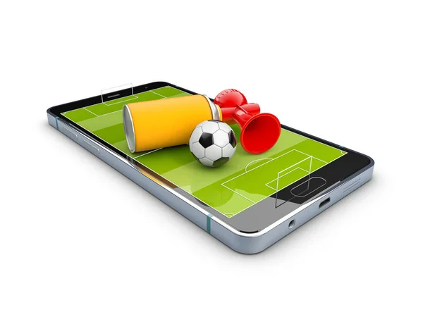 3D Renderização de futebol móvel. Conceito de venda de bilhetes online. Caminho de recorte incluído — Fotografia de Stock