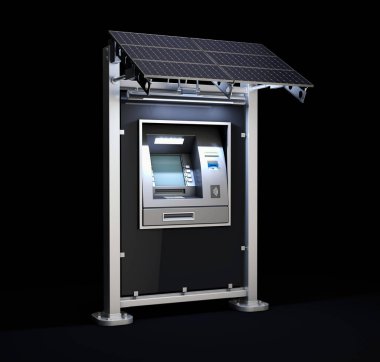 Gece içinde güneş paneli ile ATM Cash Machine 3d görüntüleme, kırpma yolu dahil