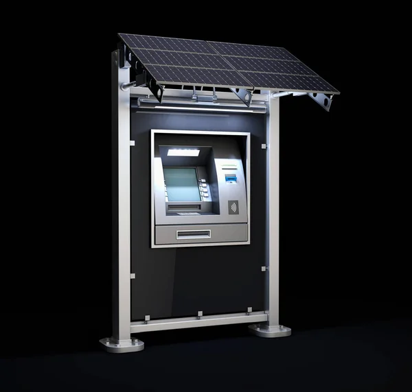 3d Rendering de cajero automático del banco del cajero automático con el panel solar en la noche, camino de recorte incluido — Foto de Stock