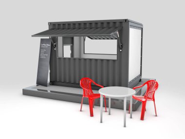 3d Dönüştürülmüş eski nakliye konteynırının kafeye dönüştürülmesi, kırpma yolu dahil